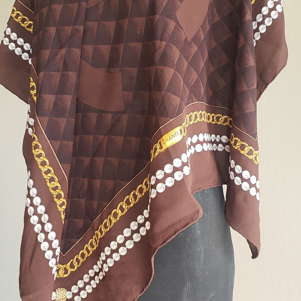 Chanel Brown & Gold Square Silk Scarf - Picture 8 of 9
